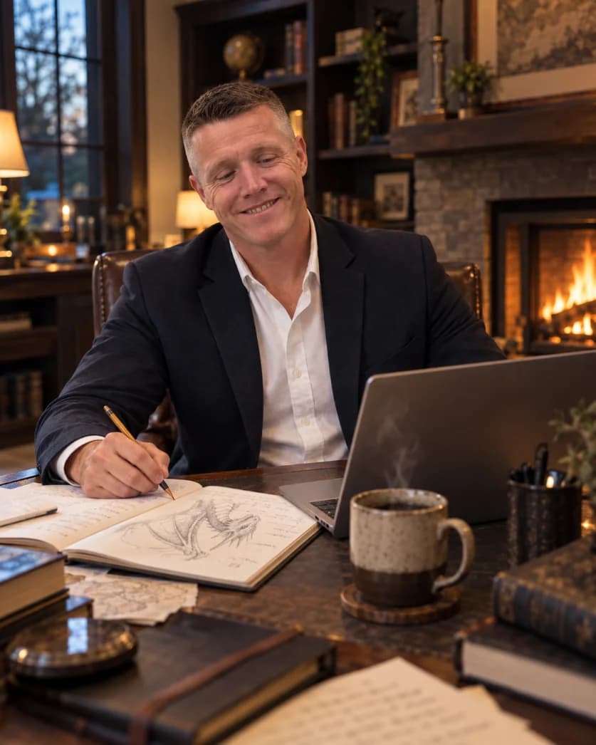 Jimmy Sechler at his desk mid-revision, notes and map spread around him